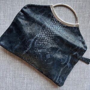 Black Faux-Snakeskin Convertible Clutch with Silver Handle